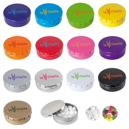 Runde Click-Blechdose (Ø 45 mm) standardmäßig gefüllt mit DutchDex Dextrose-Minzbonbons.