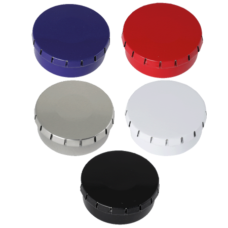 Runde Click-Blechdose (Ø 53 mm) standardmäßig gefüllt mit DutchDex Dextrose-Minzbonbons.